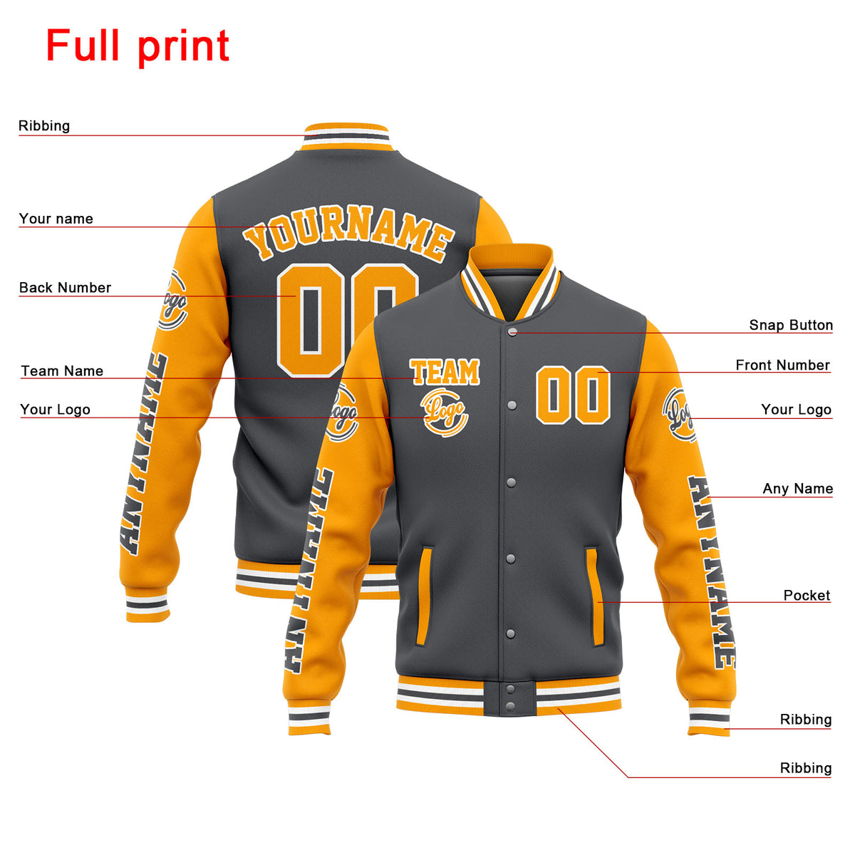 Benutzerdefinierte Varsity-Jacke. Letterman-Jacke für Männer, Frauen und Jugendliche Grau Gelb