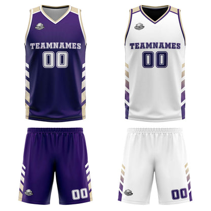 Benutzerdefinierte Lila Weiß Creme Reversible Basketball Jersey Personalisierte Print Name Nummer Logo