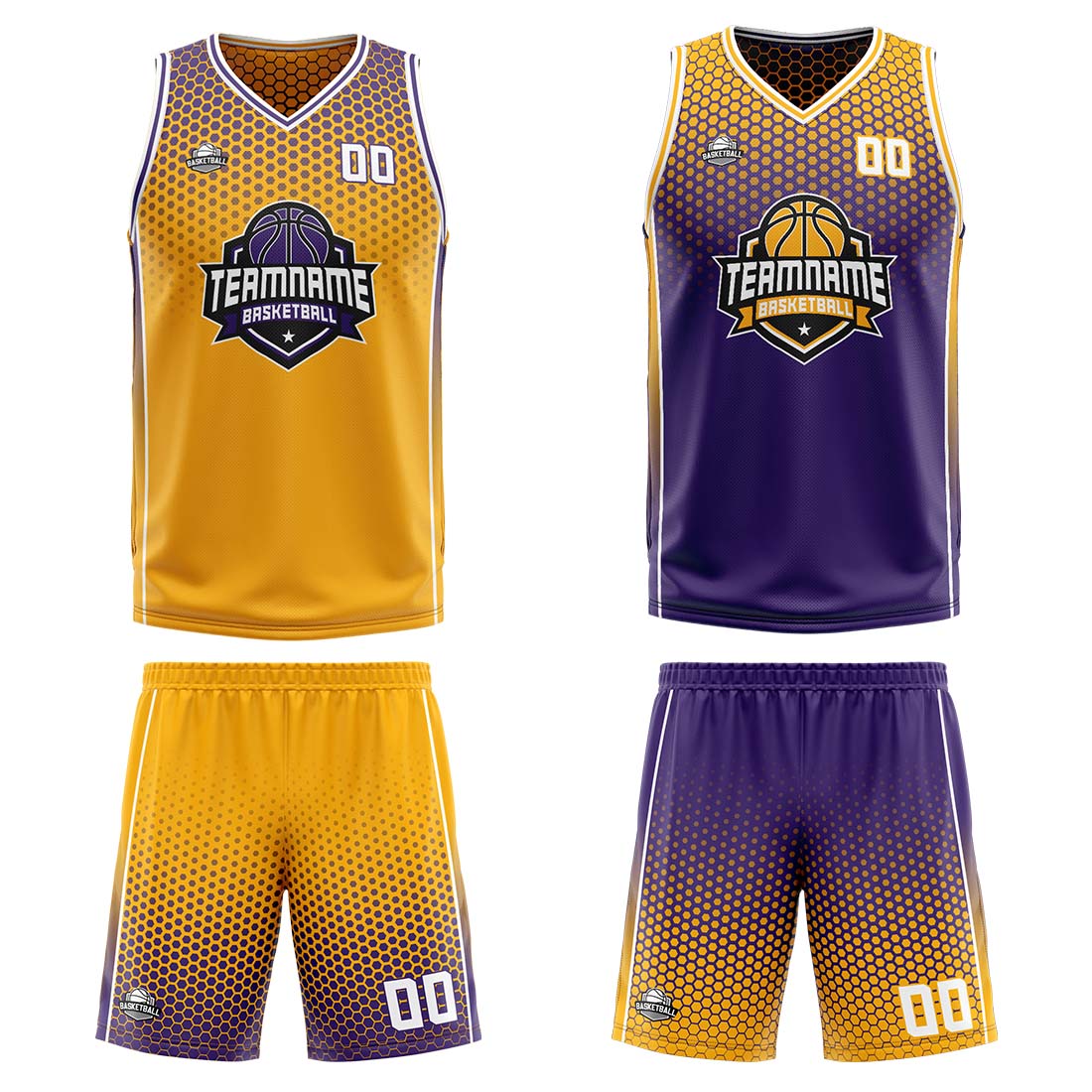 Benutzerdefinierte Gelb Lila Weiß Reversible Basketball Jersey Personalisierte Print Name Nummer Logo