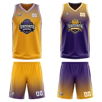 Benutzerdefinierte Gelb Lila Weiß Reversible Basketball Jersey Personalisierte Print Name Nummer Logo