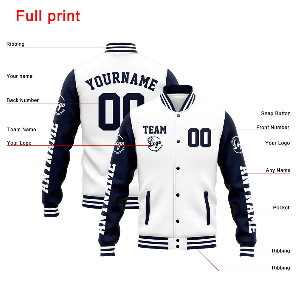 Benutzerdefinierte Varsity-Jacke. Letterman-Jacke für Männer, Frauen und Jugendliche Marine Weiß