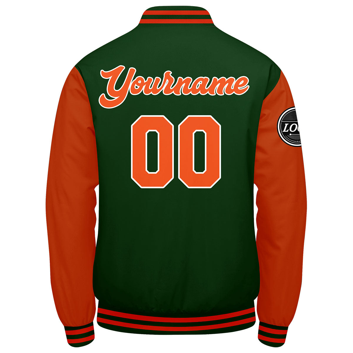 Benutzerdefinierte Verlauf Varsity-Jacke. Letterman-Jacke Dunkelgrün Orange