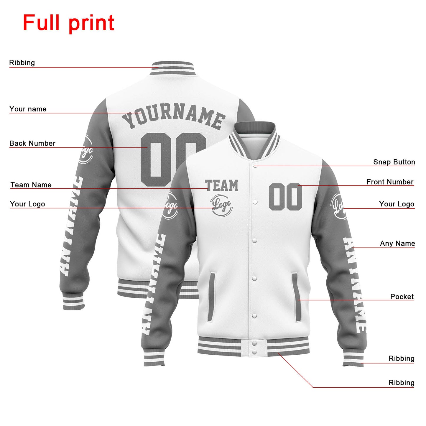 Benutzerdefinierte Varsity-Jacke. Letterman-Jacke für Männer, Frauen und Jugendliche Weiß Grau