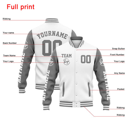 Benutzerdefinierte Varsity-Jacke. Letterman-Jacke für Männer, Frauen und Jugendliche Weiß Grau