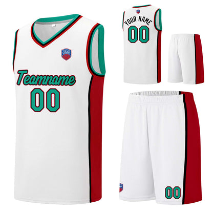Individuelle Basketball-Jersey-Shorts für Männer und Frauen. Gestickter und gedruckter Name, Nummer und Logo Weiß&Rot&Grün