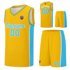 Individuelle Basketball-Jersey-Shorts für Männer und Frauen. Gestickter und gedruckter Name, Nummer und Logo Gelb& Hellblau