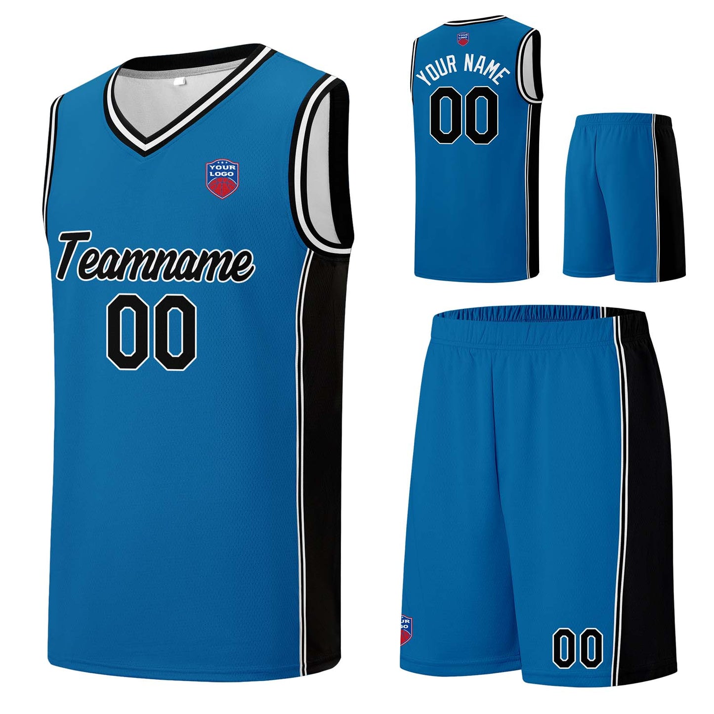 Individuelle Basketball-Jersey-Shorts für Männer und Frauen. Gestickter und gedruckter Name, Nummer und Logo Blau&Schwarz