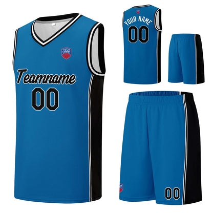 Individuelle Basketball-Jersey-Shorts für Männer und Frauen. Gestickter und gedruckter Name, Nummer und Logo Blau&Schwarz