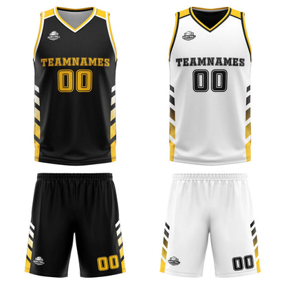 Benutzerdefinierte Schwarz Weiß Gelb Reversible Basketball Jersey Personalisierte Print Name Nummer Logo