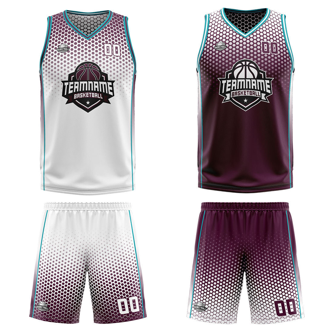 Benutzerdefinierte Weiß Rot Cyan Reversible Basketball Jersey Personalisierte Print Name Nummer Logo