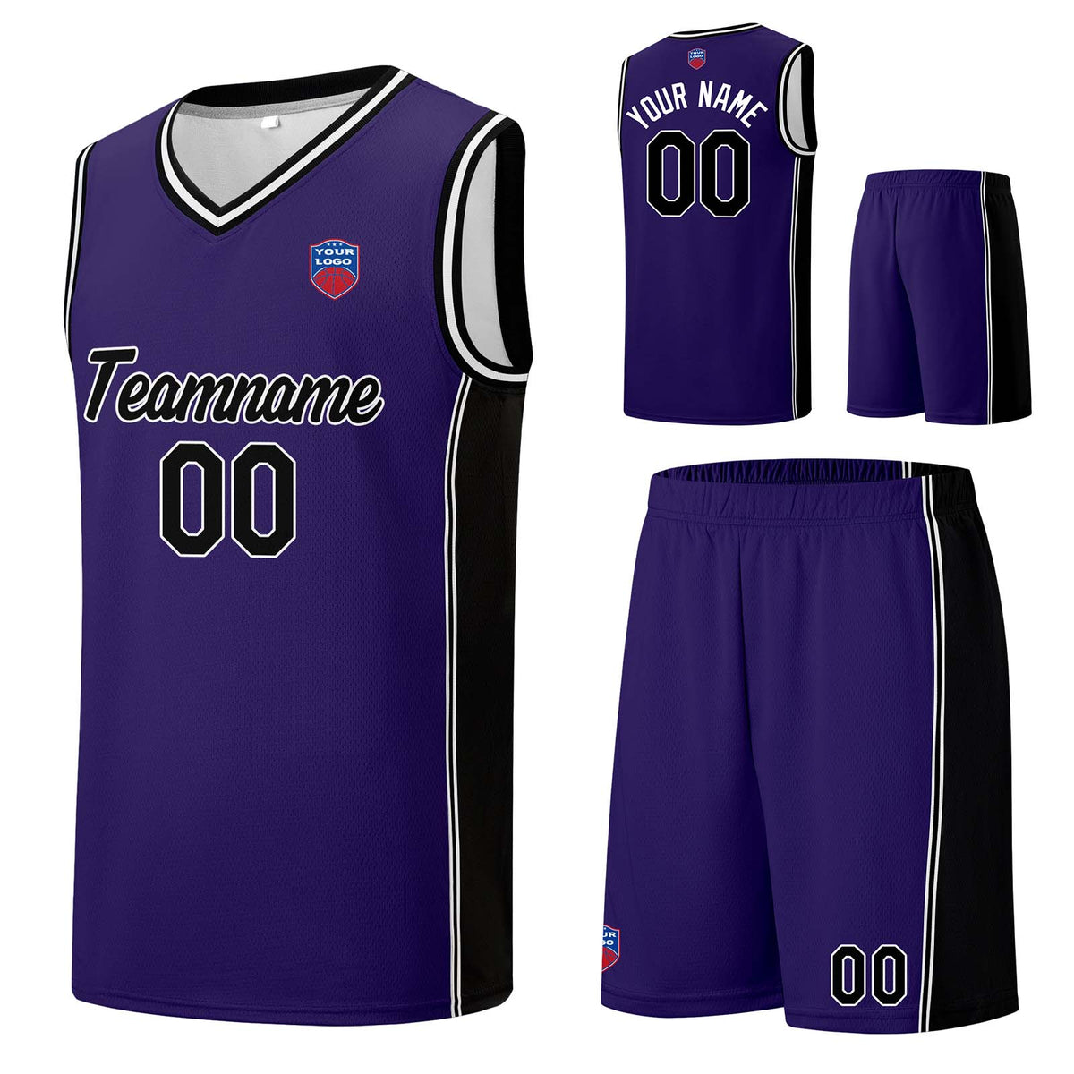 Individuelle Basketball-Jersey-Shorts für Männer und Frauen. Gestickter und gedruckter Name, Nummer und Logo Lila&Schwarz