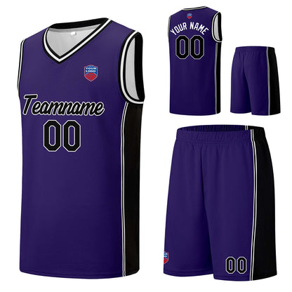 Individuelle Basketball-Jersey-Shorts für Männer und Frauen. Gestickter und gedruckter Name, Nummer und Logo Lila&Schwarz