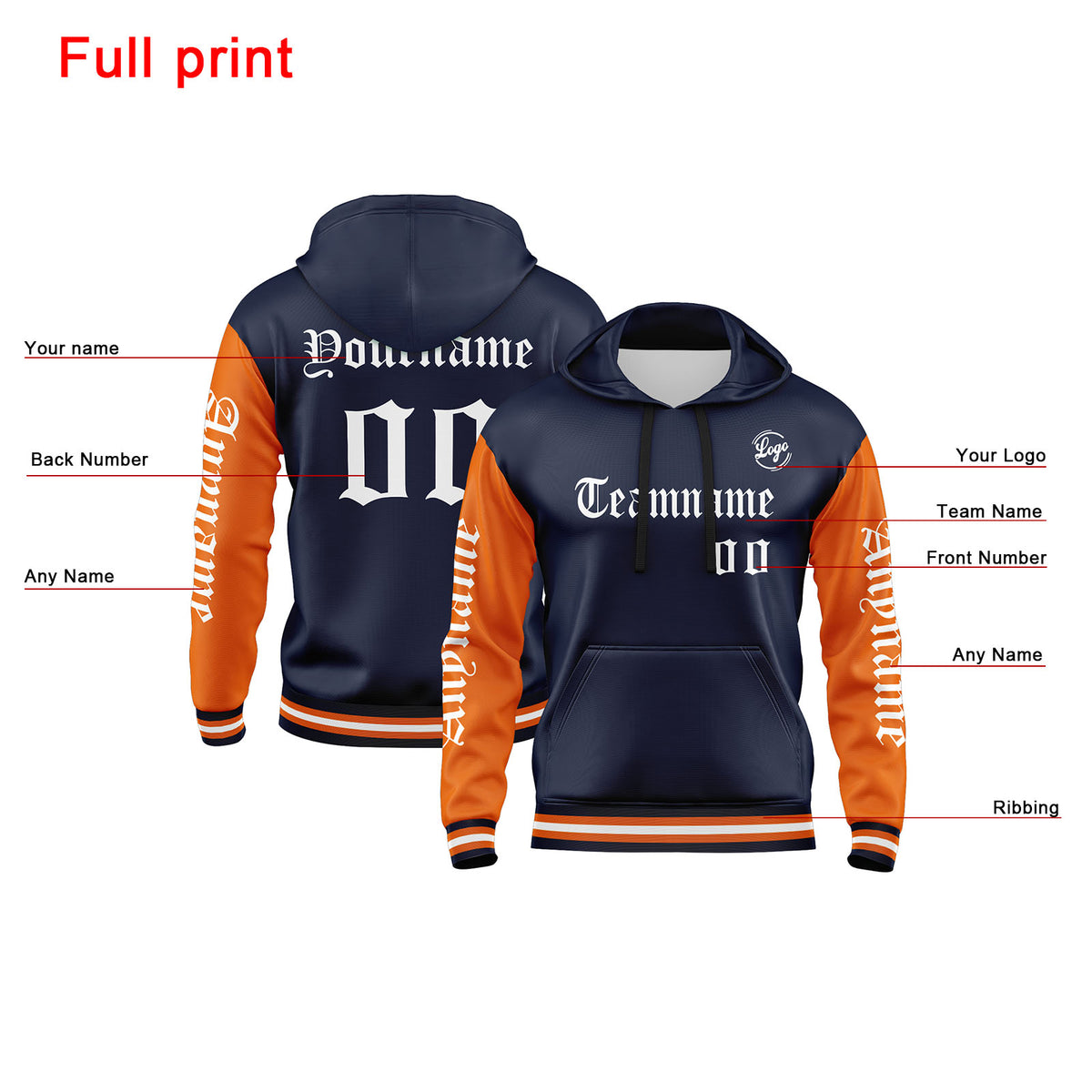 Benutzerdefiniert Marine Orange Hoodie Personalisiert Männer Pullover Hoodie Gedruckt Team Name Number Logo für Frauen