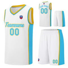 Individuelle Basketball-Jersey-Shorts für Männer und Frauen. Gestickter und gedruckter Name, Nummer und Logo Weiß& Hellblau