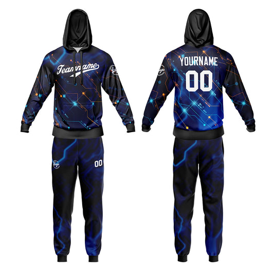 Benutzerdefiniert Schwarz Blau Tarnung Sport Jersey Satz Trainingsanzug Zur Seite fahren Kapuzenpullover Oberteile und Hose Satz Königlich