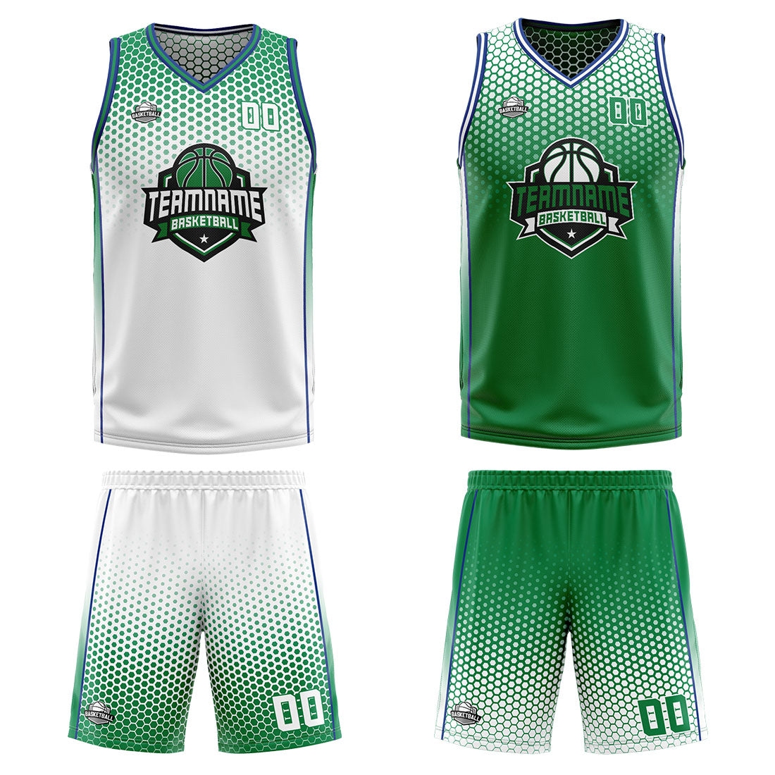 Benutzerdefinierte Weiß Grün Blau Reversible Basketball Jersey Personalisierte Print Name Nummer Logo