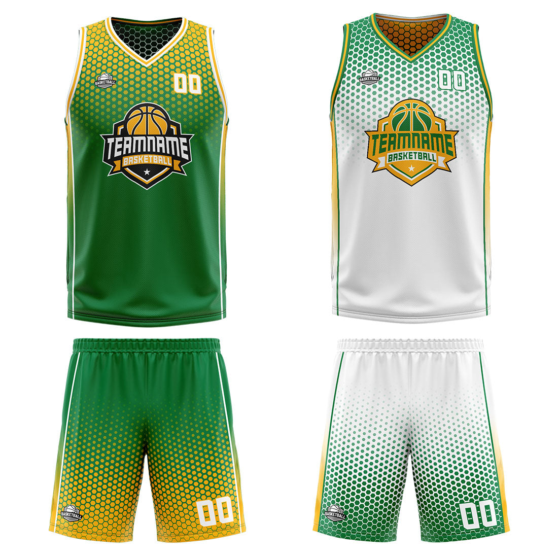 Benutzerdefinierte Grün Gelb Weiß Reversible Basketball Jersey Personalisierte Print Name Nummer Logo