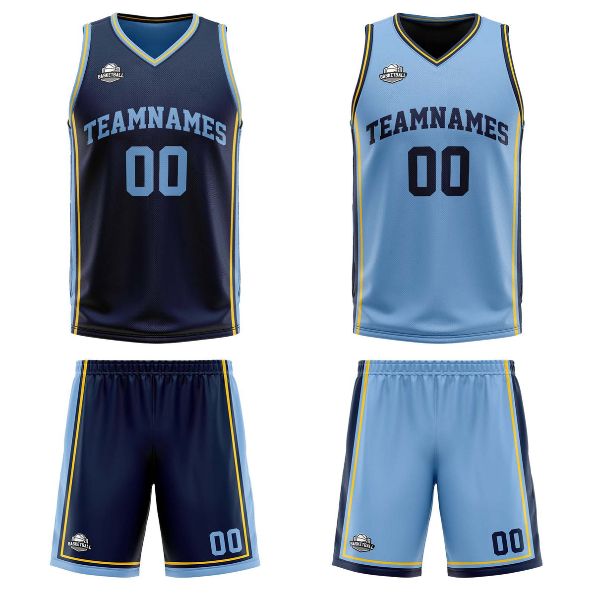 Benutzerdefinierte Marineblau Hellblau Gelb Reversible Basketball Jersey Personalisierte Print Name Nummer Logo