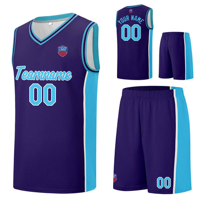 Individuelle Basketball-Jersey-Shorts für Männer und Frauen. Gestickter und gedruckter Name, Nummer und Logo Lila&Hellblau