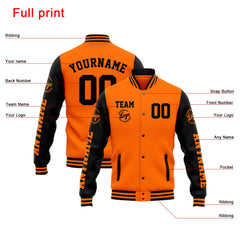 Benutzerdefinierte Varsity-Jacke. Letterman-Jacke für Männer, Frauen und Jugendliche Orange Schwarz