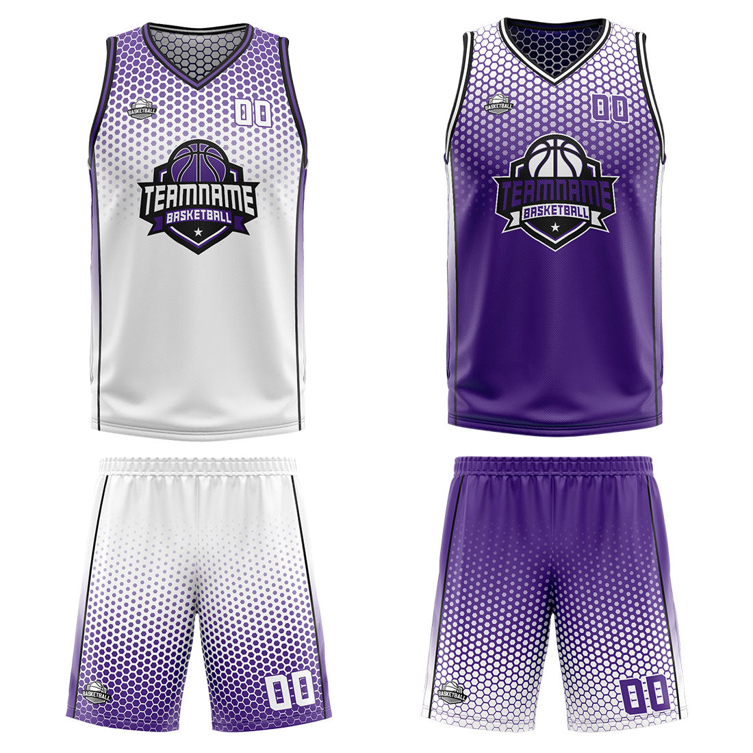 Benutzerdefinierte Weiß Lila Schwarz Reversible Basketball Jersey Personalisierte Print Name Nummer Logo