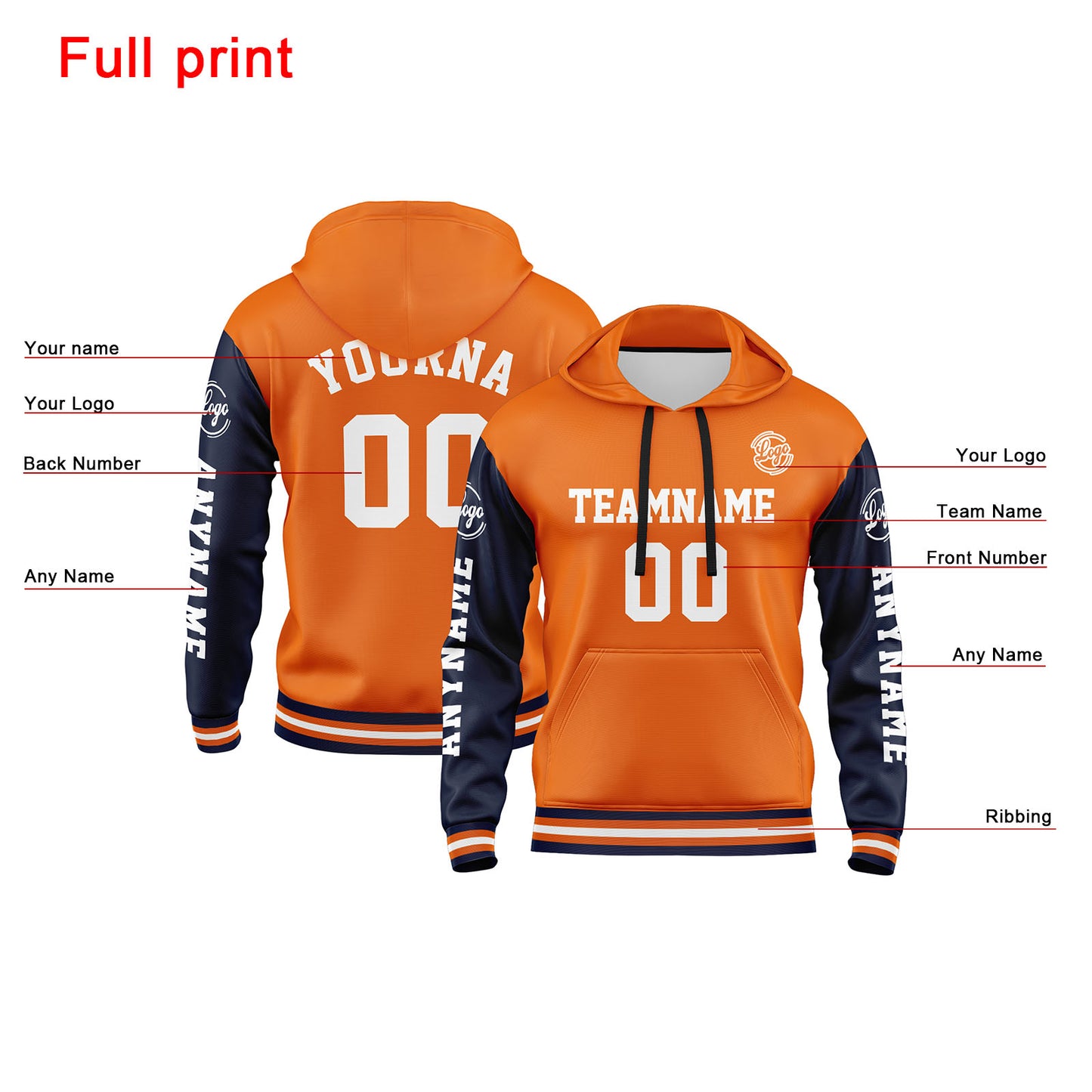 Benutzerdefiniert Marine Orange Hoodie Personalisiert Männer Pullover Hoodie Gedruckt Team Name Number Logo für Frauen