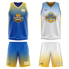 Benutzerdefinierte Blau Gelb Weiß Reversible Basketball Jersey Personalisierte Print Name Nummer Logo