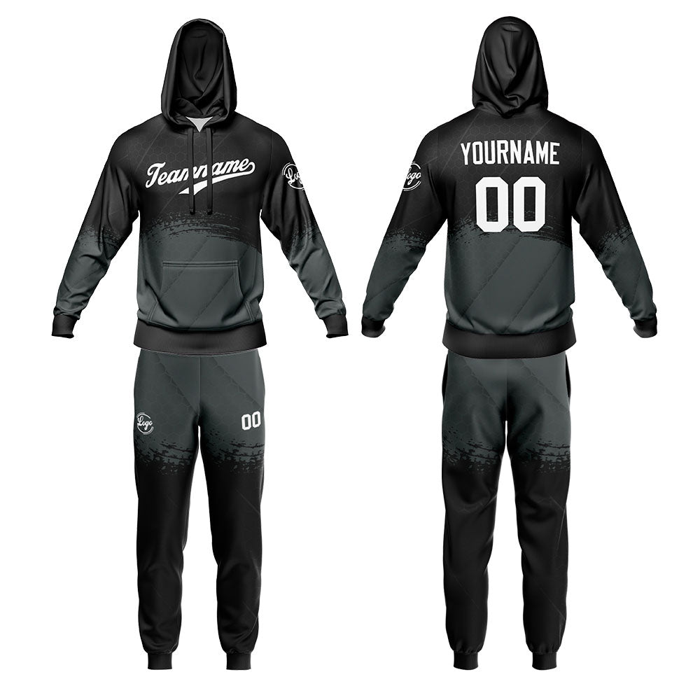 Benutzerdefiniert Schwarz Grau Tarnung Sport Jersey Satz Trainingsanzug Zur Seite fahren Kapuzenpullover Oberteile und Hose Satz Königlich