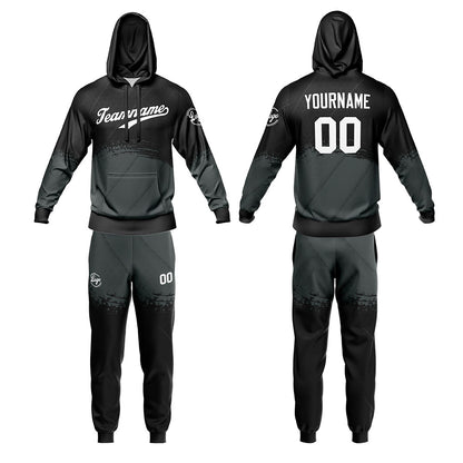 Benutzerdefiniert Schwarz Grau Tarnung Sport Jersey Satz Trainingsanzug Zur Seite fahren Kapuzenpullover Oberteile und Hose Satz Königlich