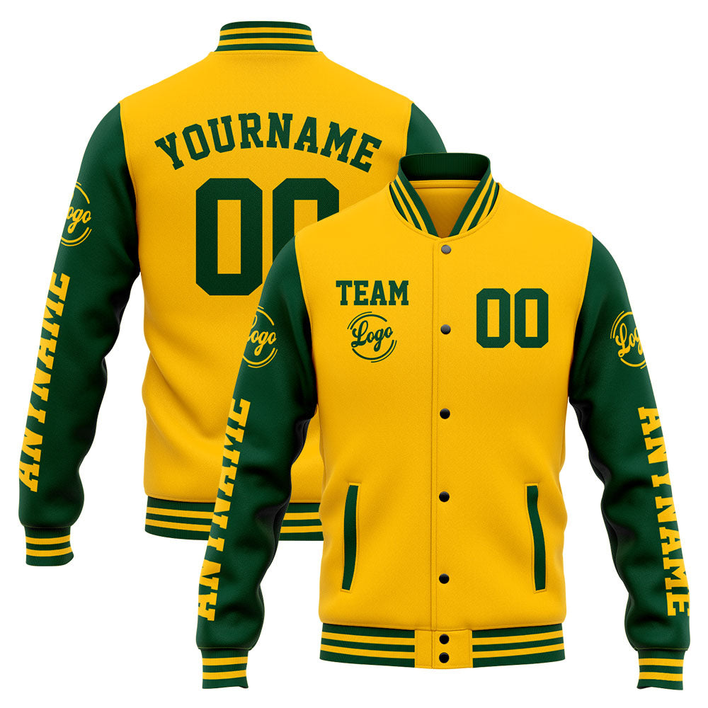 Benutzerdefinierte Varsity-Jacke. Letterman-Jacke für Männer, Frauen und Jugendliche Grün Gelb