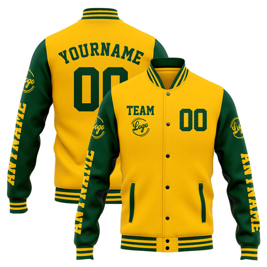Benutzerdefinierte Varsity-Jacke. Letterman-Jacke für Männer, Frauen und Jugendliche Grün Gelb