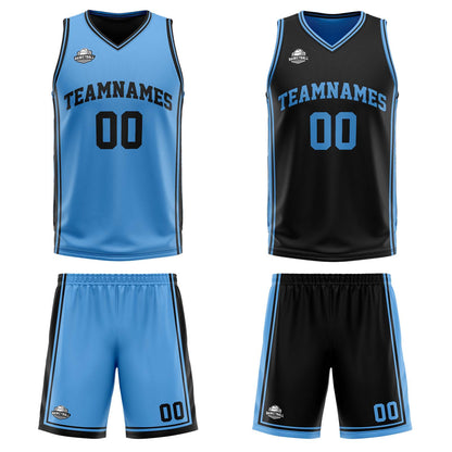 Benutzerdefinierte Hellblau Schwarz Reversible Basketball Jersey Personalisierte Print Name Nummer Logo
