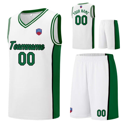 Individuelle Basketball-Jersey-Shorts für Männer und Frauen. Gestickter und gedruckter Name, Nummer und Logo Weiß&Grün