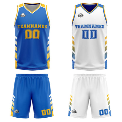 Benutzerdefinierte Blau Weiß Gelb Reversible Basketball Jersey Personalisierte Print Name Nummer Logo