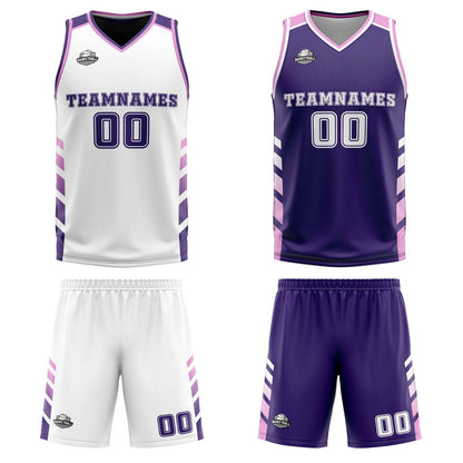 Benutzerdefinierte Weiß Violett Rosa Reversible Basketball Jersey Personalisierte Print Name Nummer Logo