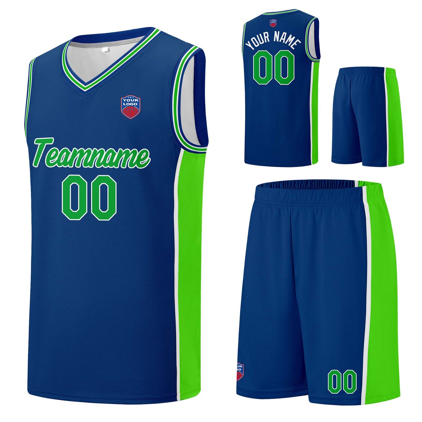 Individuelle Basketball-Jersey-Shorts für Männer und Frauen. Gestickter und gedruckter Name, Nummer und Logo Royal&Neon Grün