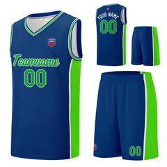 Individuelle Basketball-Jersey-Shorts für Männer und Frauen. Gestickter und gedruckter Name, Nummer und Logo Royal&Neon Grün