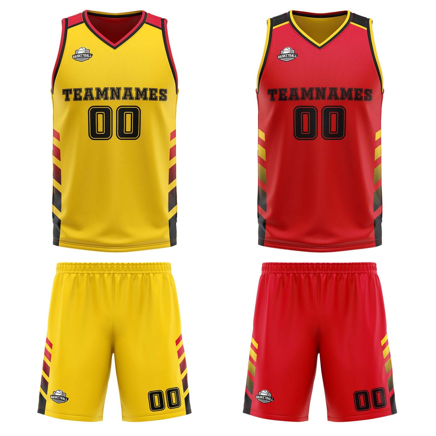 Benutzerdefinierte Gelb Rot Schwarz Reversible Basketball Jersey Personalisierte Print Name Nummer Logo