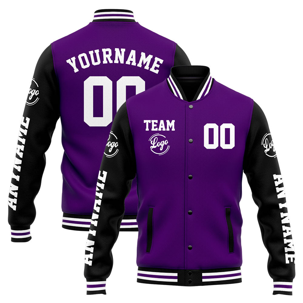 Benutzerdefinierte Varsity-Jacke. Letterman-Jacke für Männer, Frauen und Jugendliche Lila Schwarz