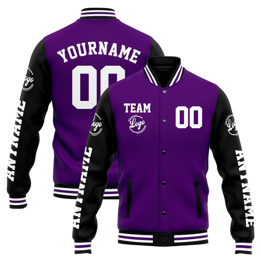 Benutzerdefinierte Varsity-Jacke. Letterman-Jacke für Männer, Frauen und Jugendliche Lila Schwarz