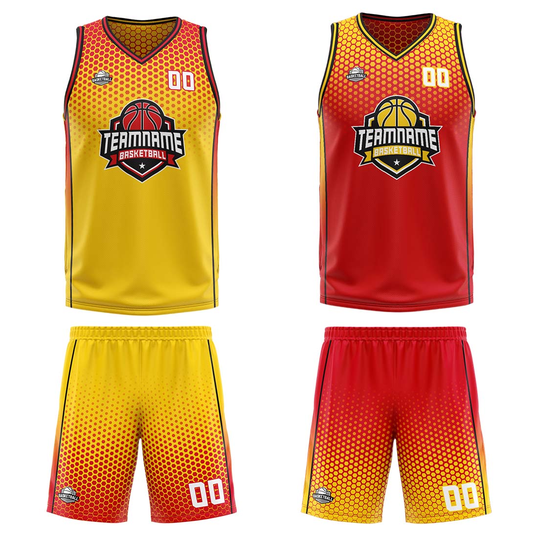 Benutzerdefinierte Gelb Rot Schwarz Reversible Basketball Jersey Personalisierte Print Name Nummer Logo