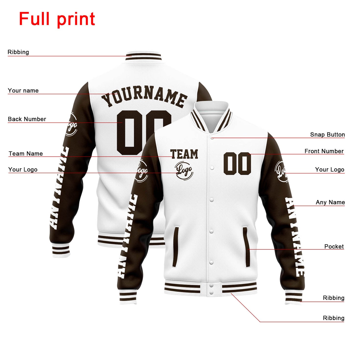 Benutzerdefinierte Varsity-Jacke. Letterman-Jacke für Männer, Frauen und Jugendliche Weiß Braun