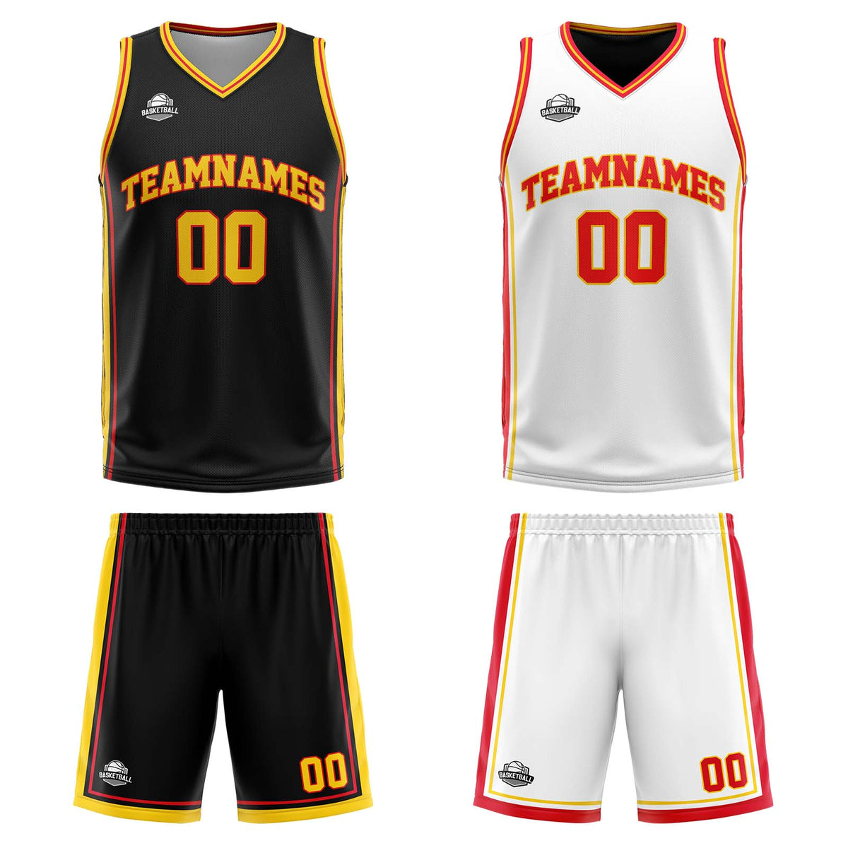 Benutzerdefinierte Schwarz Weiß Gelb Rot Reversible Basketball Jersey Personalisierte Print Name Nummer Logo