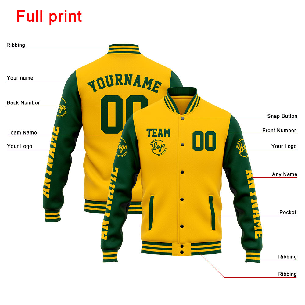 Benutzerdefinierte Varsity-Jacke. Letterman-Jacke für Männer, Frauen und Jugendliche Grün Gelb