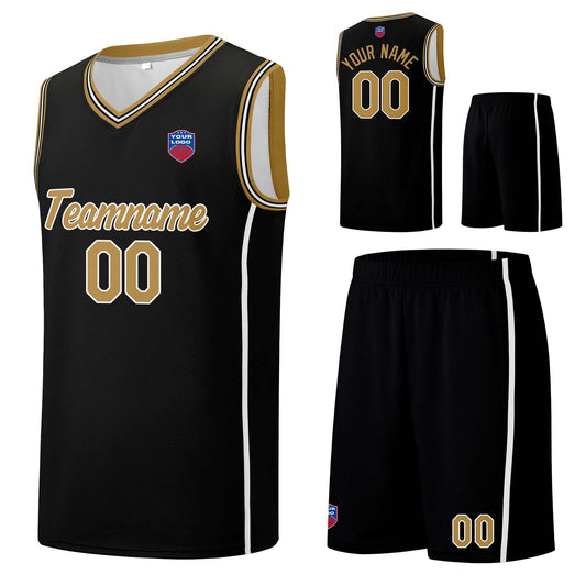 Individuelle Basketball-Jersey-Shorts für Männer und Frauen. Gestickter und gedruckter Name, Nummer und Logo Schwarz&Gold