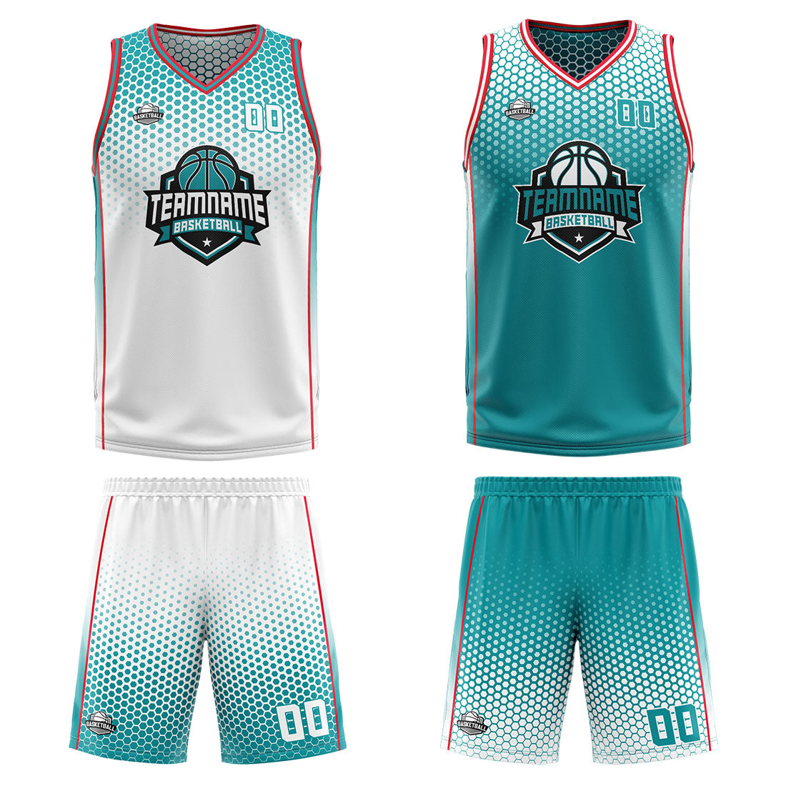 Benutzerdefinierte Weiß Cyan Rot Reversible Basketball Jersey Personalisierte Print Name Nummer Logo