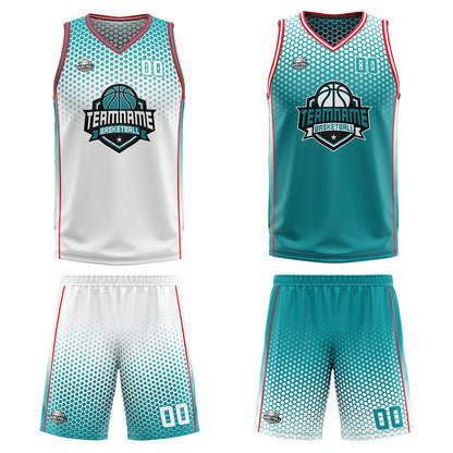 Benutzerdefinierte Weiß Cyan Rot Reversible Basketball Jersey Personalisierte Print Name Nummer Logo