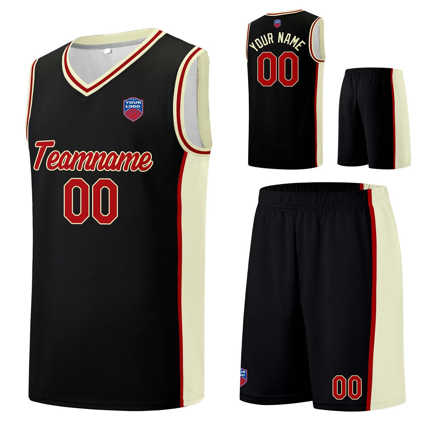 Individuelle Basketball-Jersey-Shorts für Männer und Frauen. Gestickter und gedruckter Name, Nummer und Logo Schwarz&Creme