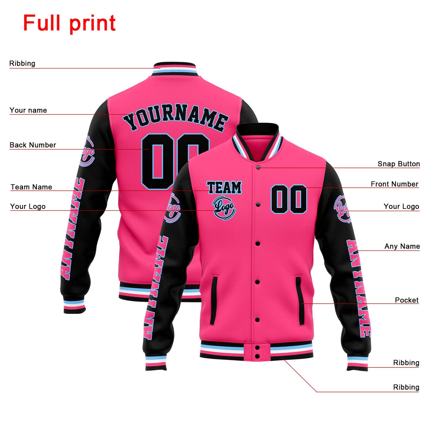 Benutzerdefinierte Varsity-Jacke. Letterman-Jacke für Männer, Frauen und Jugendliche Rosa Schwarz