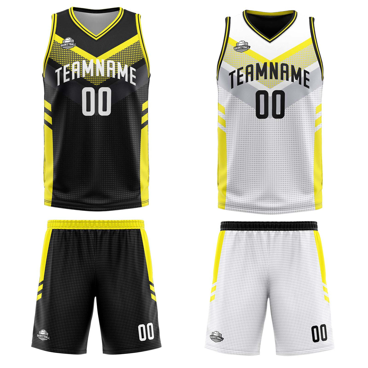 Benutzerdefinierte Schwarz Weiß Gelb Reversible Basketball Jersey Personalisierte Print Name Nummer Logo